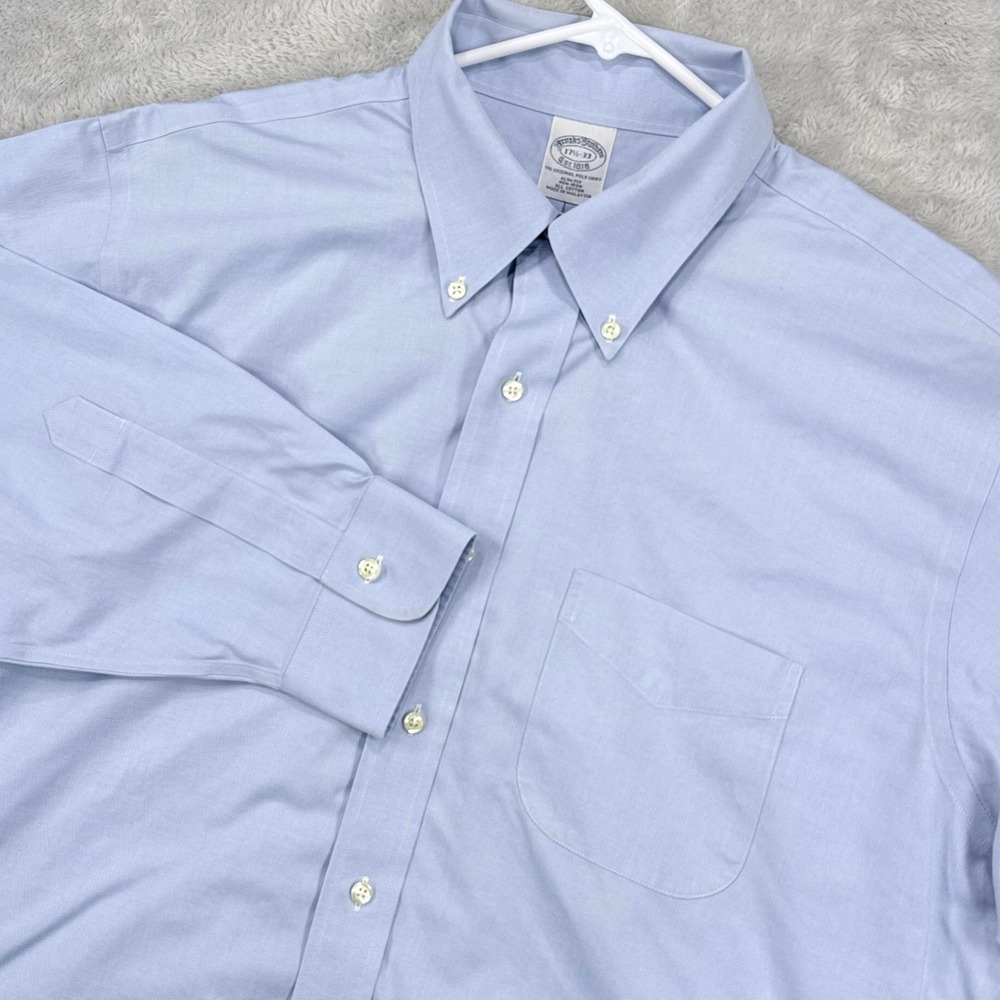 Brooks Brothers Oxford Shirt Mens 17.5-33 Blue Slim Fit Non-Iron Button Down